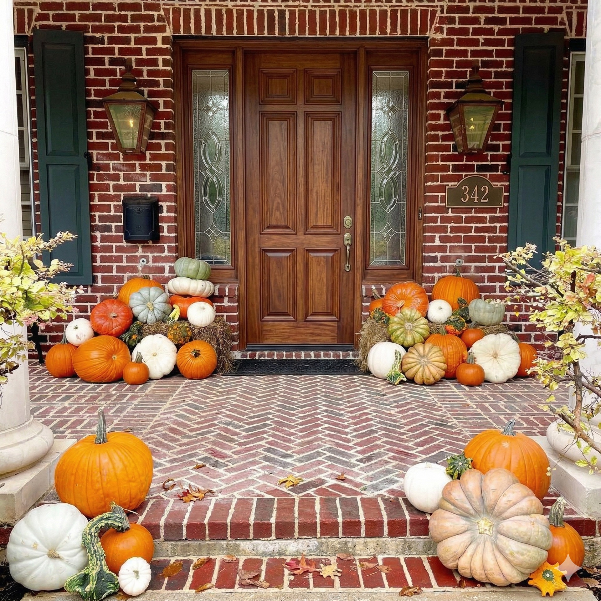 Symmetrical pumpkin spread on brick front porch