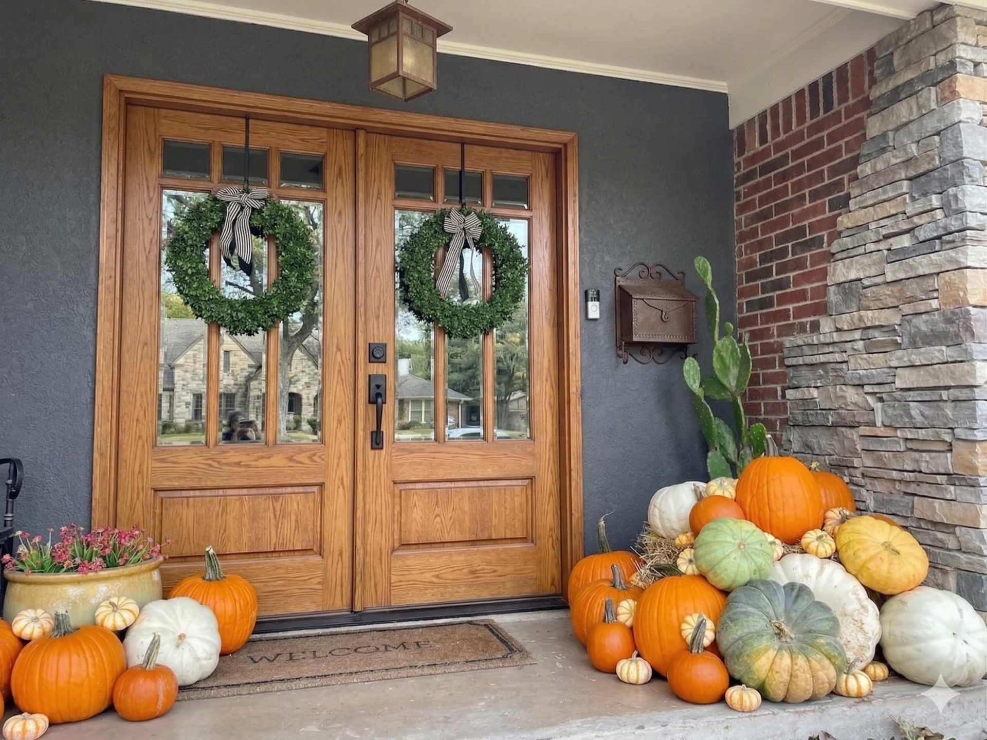 Styled porch display with mixed pumpkins