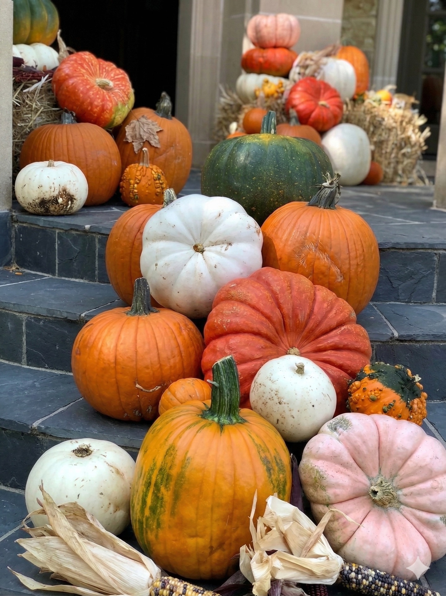 Heirloom pumpkin variety on slate steps
